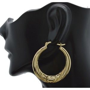 Real 10K Yellow Solid Gold Hollow Love Hoop Earrings 37.6 mm 3.9 gr